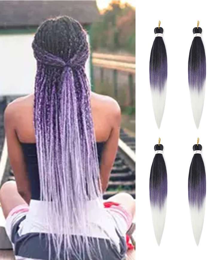 A-B Pre-Stretched Braiding Hair. 4 full Packs. (2 pieces in a pack) (Purple/White)